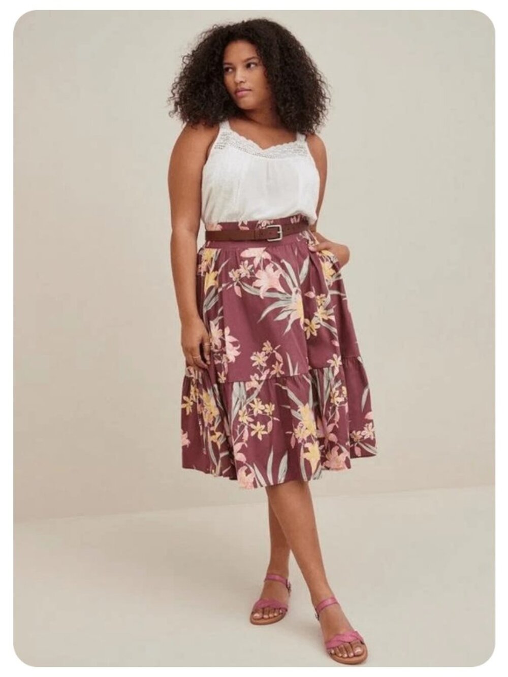 Torrid Mauve Tropical Floral Print Tiered Midi Skirt sz 00